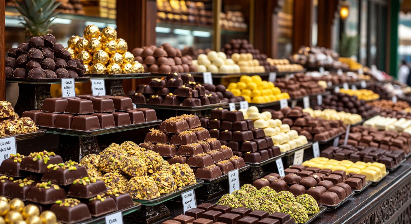 A vibrant Dubai market stall displays an array of luxurious handmade chocolates, including golden-wrapped Godiva bars, Mirzam’s artisanal pieces infused with local flavors, and Forrey & Galland’s elegant French-inspired truffles, while a vendor offers a sample of Dubai Chocolate filled with pistachio and shredded pastry.