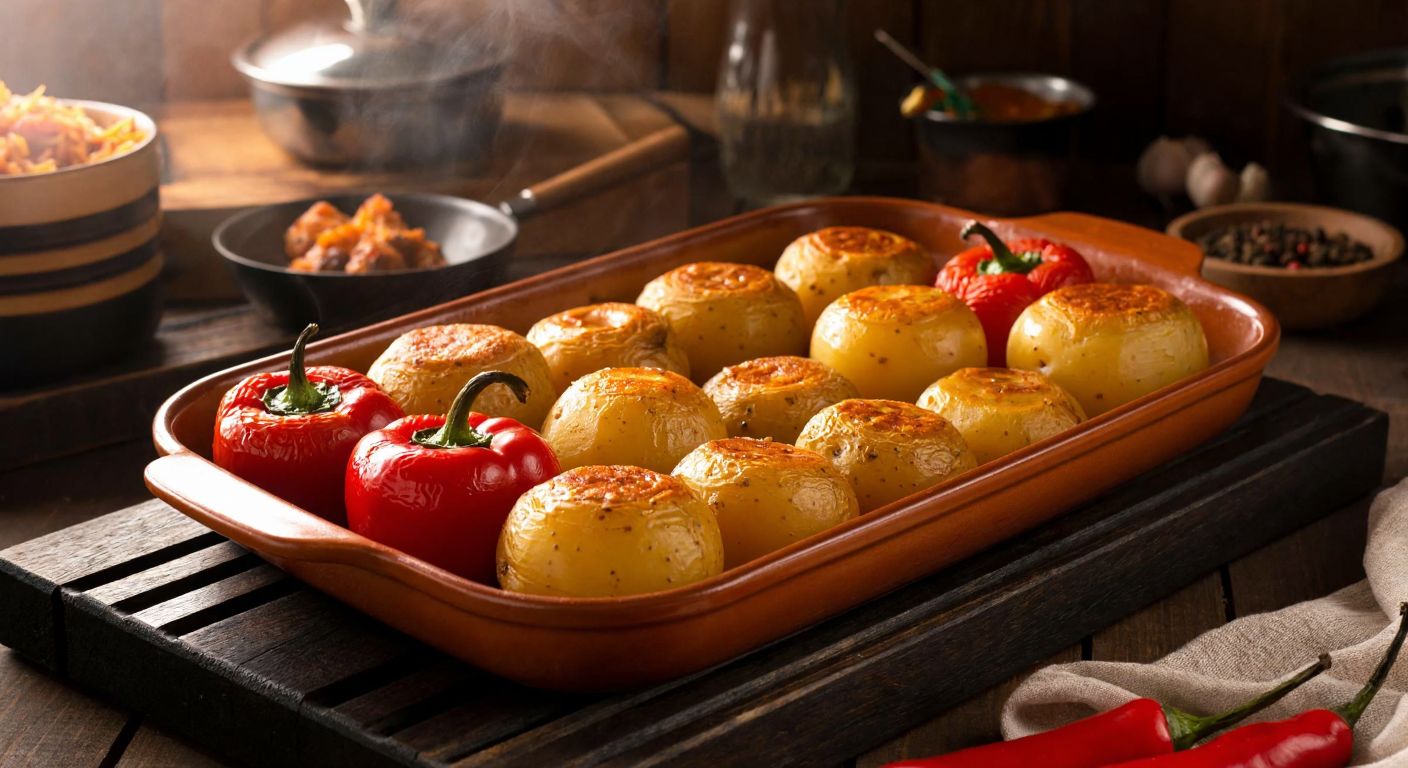 A golden-brown tray of stuffed peppers and potatoes, fresh from the oven, steaming on a rustic wooden table in a Turkish kitchen, with a warm glow from the oven light reflecting off the dish.
