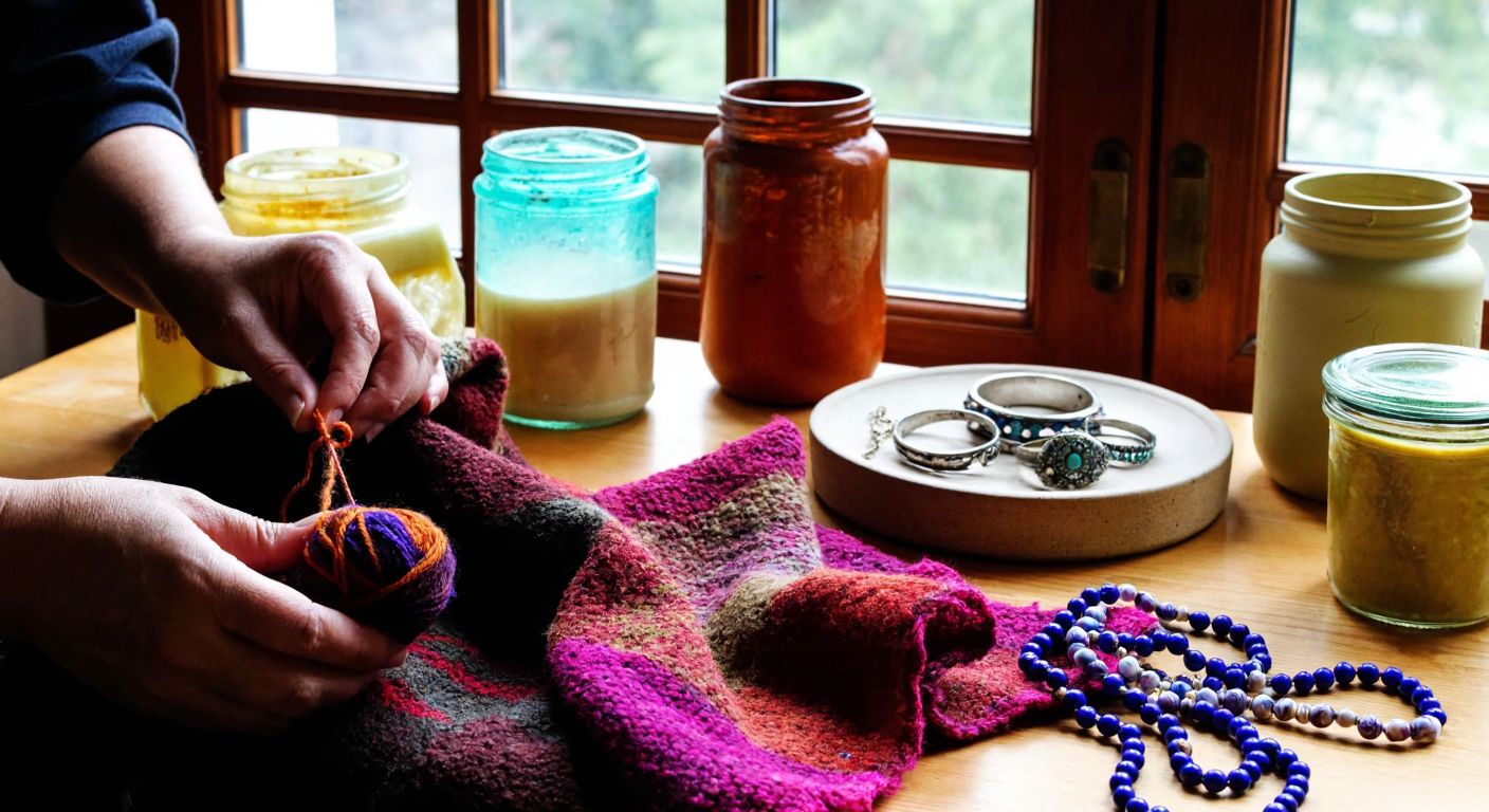 A warm Turkish home scene with hands knitting a colorful scarf, crafting beaded jewelry, and molding homemade soap, surrounded by repurposed jars and fabric scraps on a wooden table.