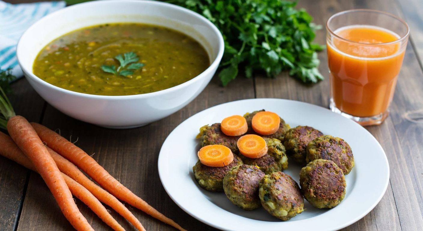 A steaming bowl of green lentil soup and a plate of lentil köfte sit beside fresh carrots and a glass of freshly squeezed carrot juice on a rustic wooden table in a Turkish kitchen.