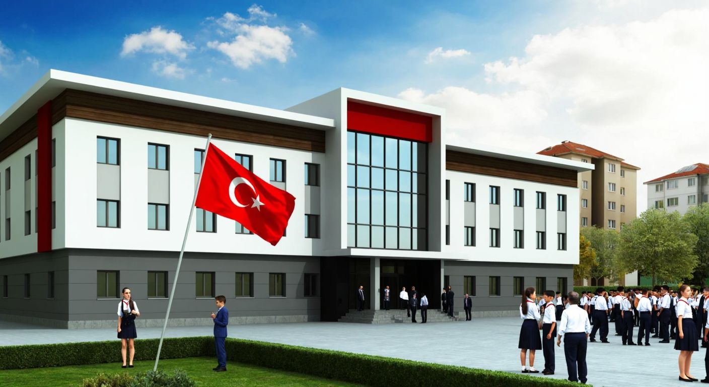 A modern school building with a Turkish flag waving in front, set in a bustling urban neighborhood of Avcılar, Istanbul, with students in uniforms chatting near the entrance.