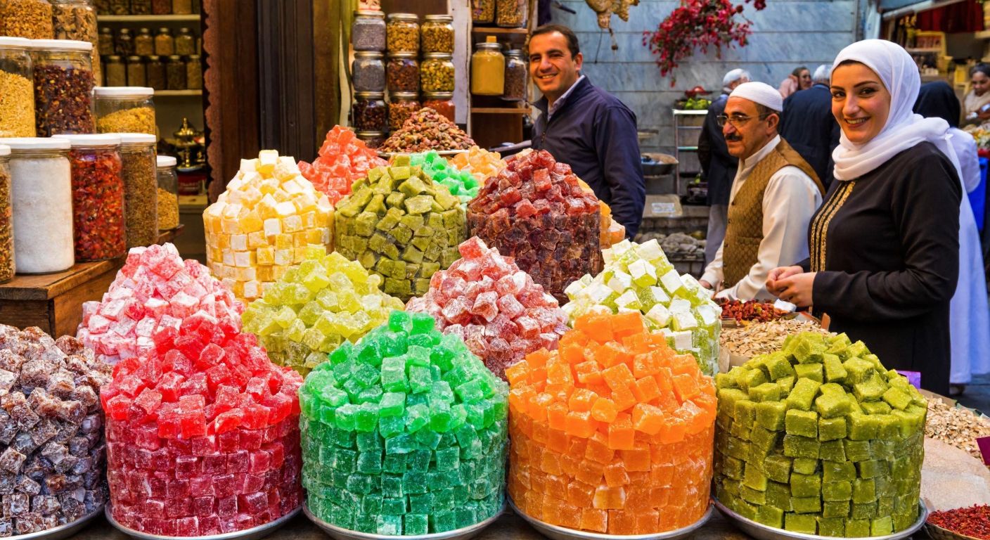 A vibrant Turkish bazaar stall overflowing with colorful cubes of lokum, surrounded by jars of spices and smiling vendors in traditional attire.