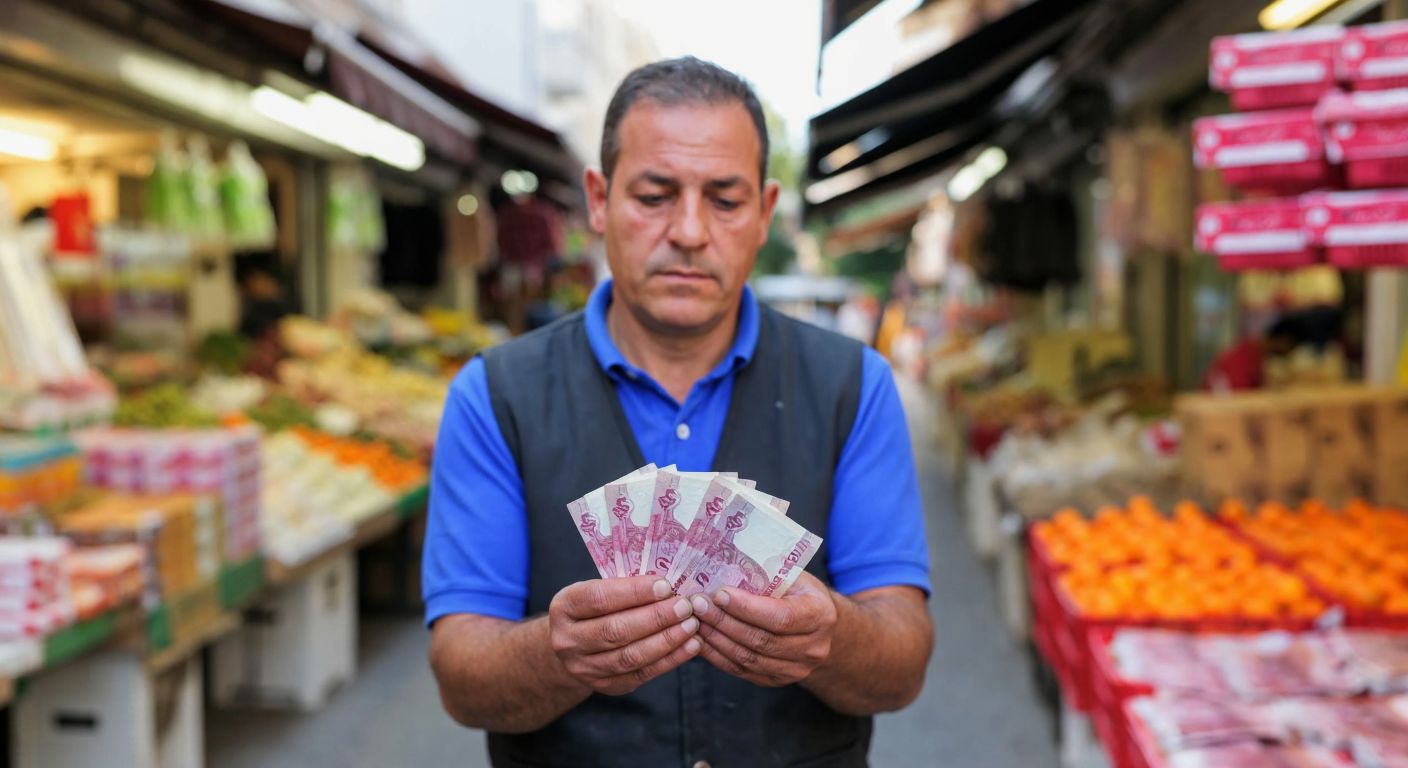 A weary worker in Northern Cyprus holds a small stack of Turkish lira bills while standing in front of a market with high-priced goods, reflecting the struggle of rising living costs.