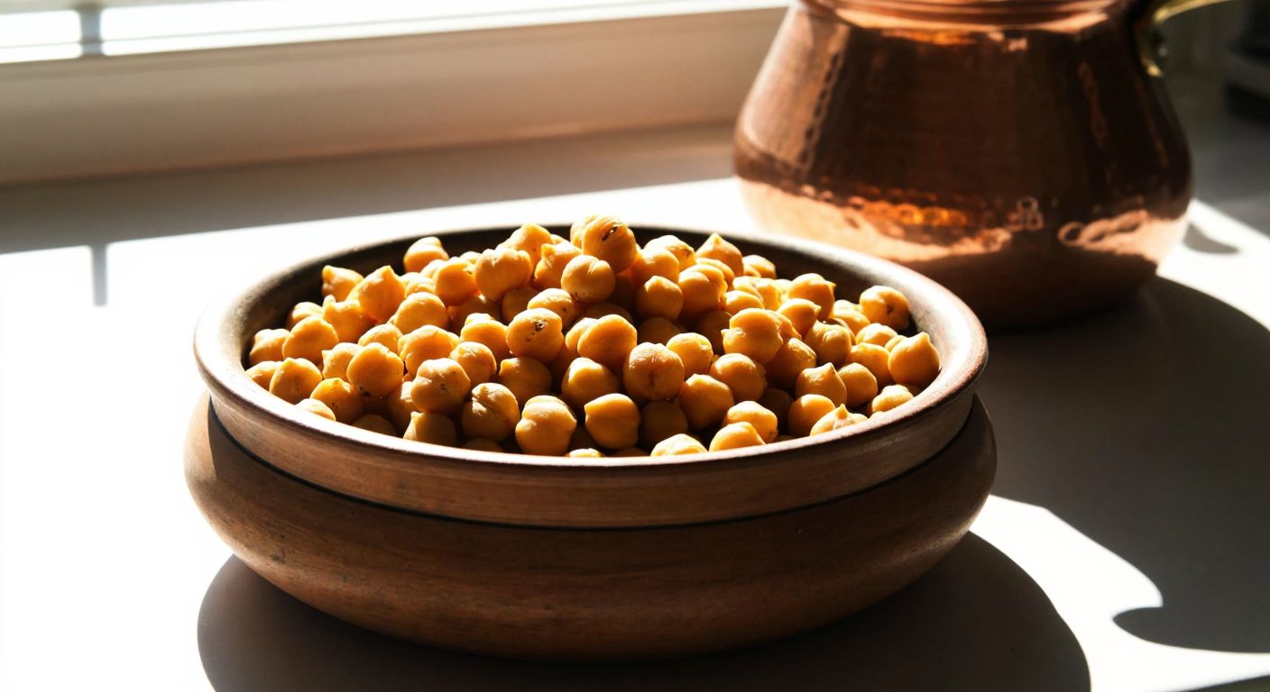 A rustic wooden bowl filled with golden-brown chickpeas, resting on a sunlit kitchen counter with a traditional Turkish copper pot in the background.