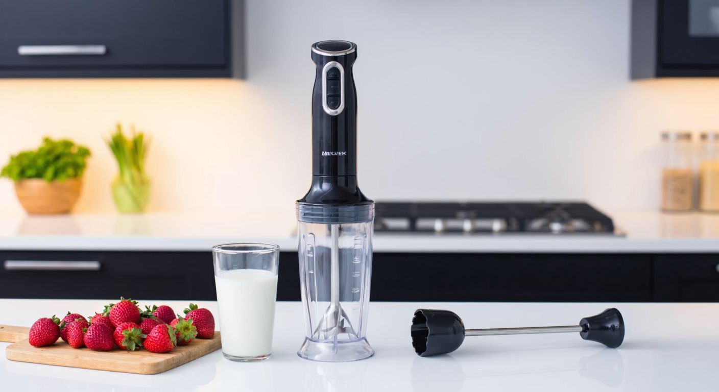 A modern kitchen counter in Turkey with a sleek single-serve blender, a handheld immersion mixer, and a traditional countertop mixer placed beside fresh milk, ripe strawberries, and a tall glass ready for a creamy milkshake.
