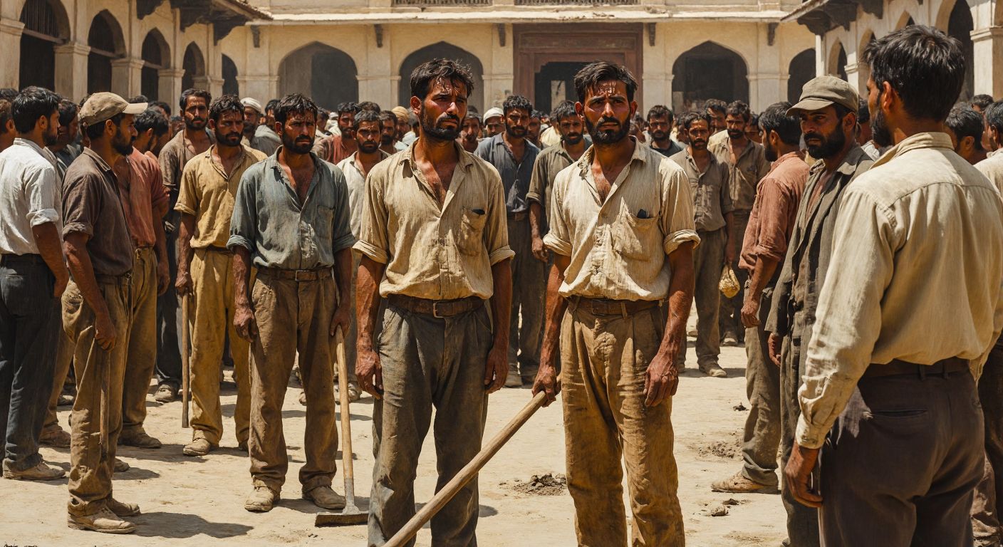A group of weary laborers in worn-out clothing stand in a dusty open square under the harsh sun, some holding simple tools, while a few well-dressed employers survey the crowd, their expressions a mix of scrutiny and indifference.