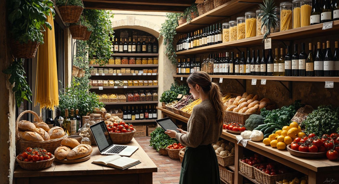 A vibrant Italian marketplace with shelves filled with gourmet pasta, olive oil, and wine, while a cheerful shopper browses on a laptop surrounded by fresh produce and rustic bread.