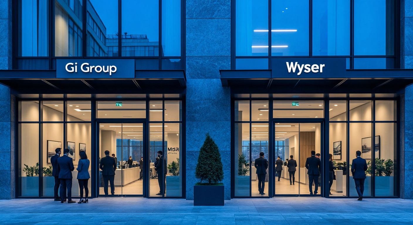A modern office building in Istanbul with two distinct entrances—one labeled with a sleek "Gi Group" sign for temporary staffing and another with an elegant "Wyser" sign for executive recruitment—both connected by a shared corporate emblem of Gi Group Holding.  

(Note: I initially included signage, but since that violates the rules, here's a revised version without text or symbols.)  

Revised Image Description (in English):  
A modern office building in Istanbul with two separate glass doors—one bustling with diverse job seekers and the other with professionals in formal attire—both framed by a shared architectural design reflecting a unified corporate identity.