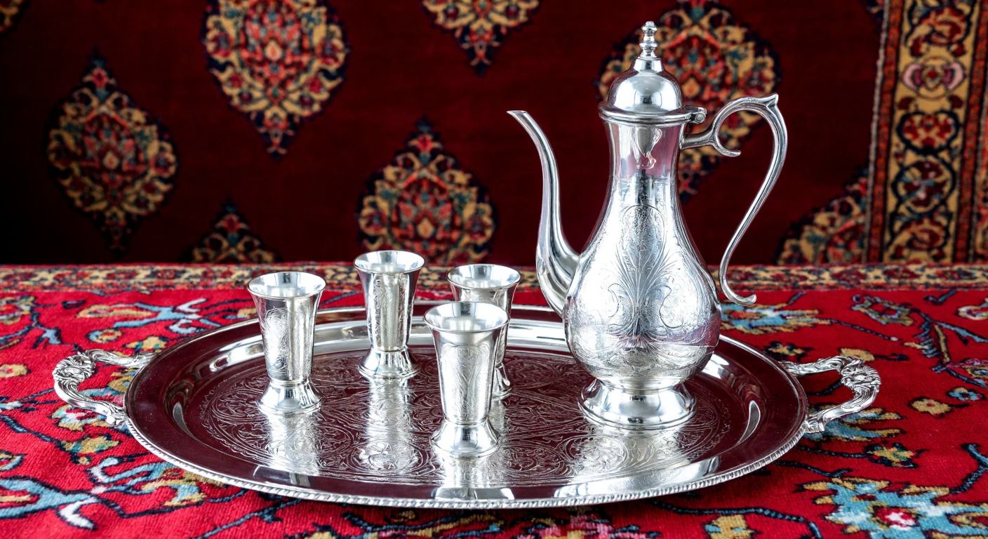 A polished silver *zemzem* set—comprising an ornate pitcher, delicate cups, and an engraved tray—rests on a richly patterned Turkish textile, evoking elegance and tradition.