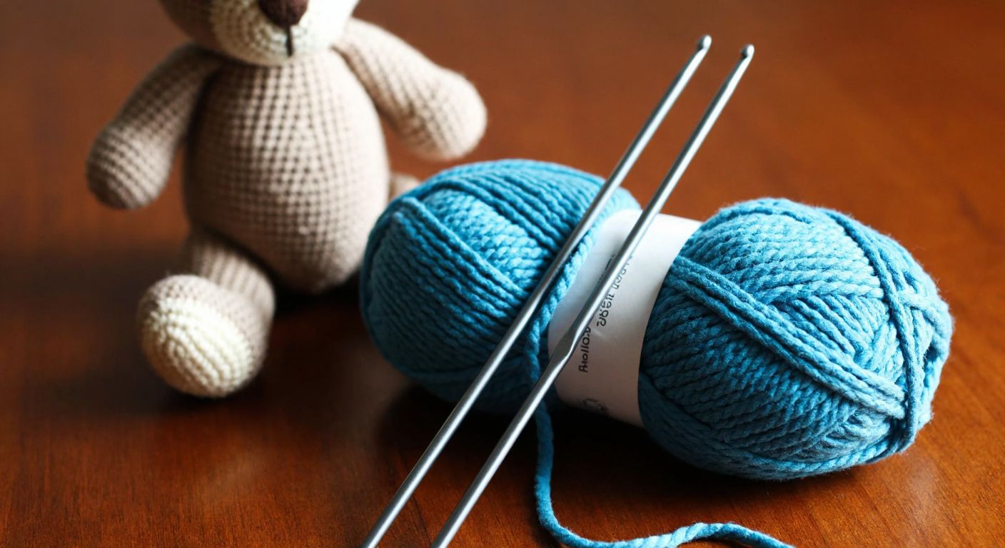 A pair of slender metal crochet hooks (2.5mm and 3mm) resting on a ball of soft cotton yarn, with a half-finished knitted teddy bear beside them on a wooden table in a cozy Turkish home.