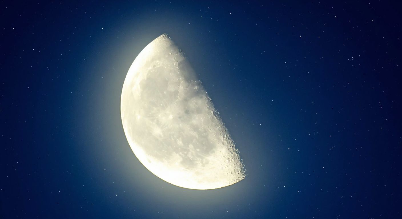 A glowing crescent moon in a starry night sky, with one side softly illuminated by sunlight and the other faintly visible in shadow, reflecting the scientific explanation of its phases.