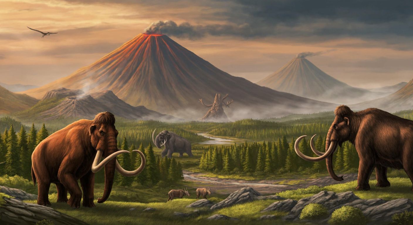 A vast prehistoric landscape with towering volcanoes, lush forests, and ancient mammals like woolly mammoths roaming under a dramatic sky, representing the Tertiary period's geological and biological transformations.