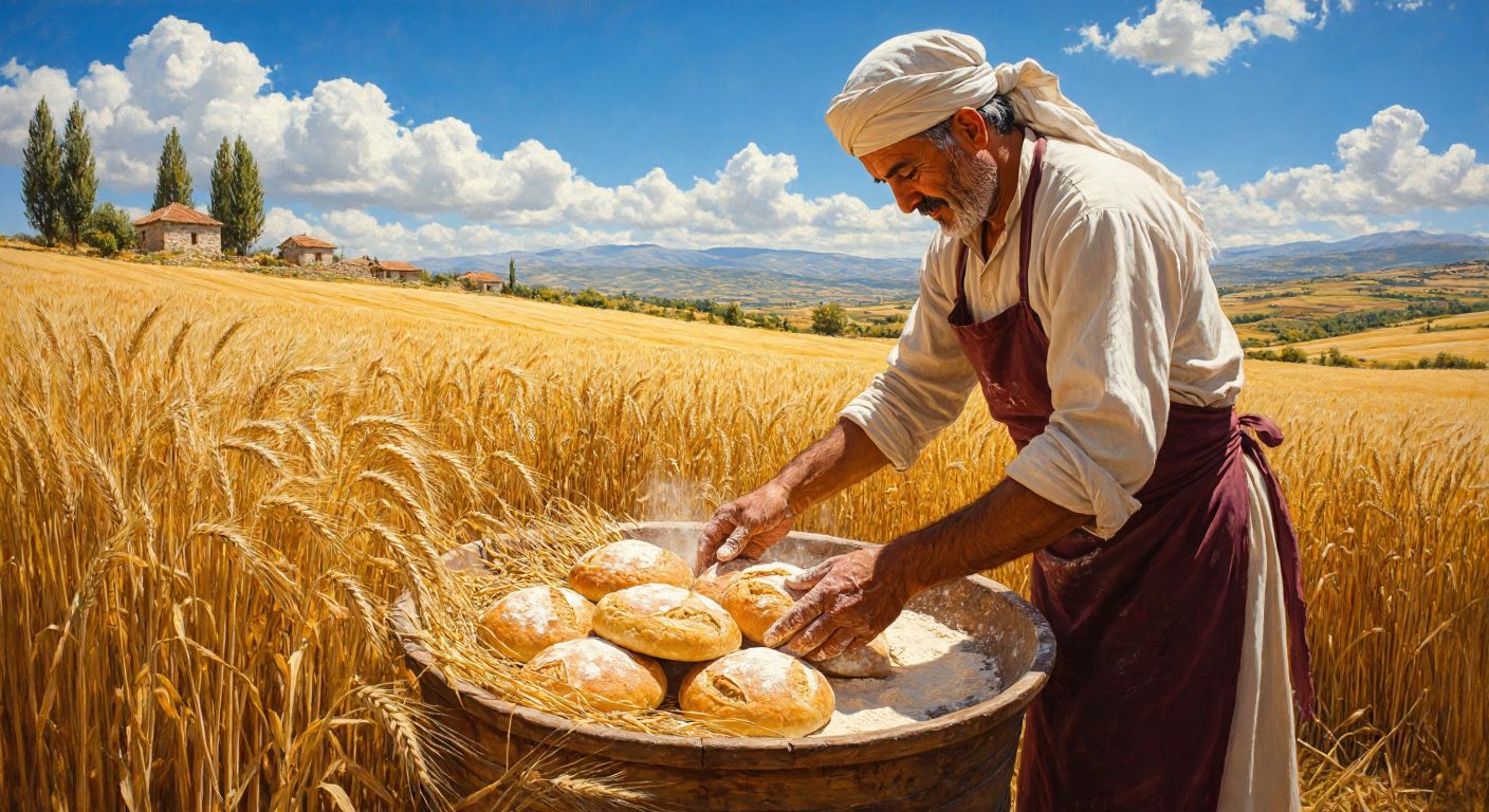A sunlit Turkish wheat field with a farmer in traditional clothing harvesting golden crops by hand, while a warm kitchen scene in the background shows a cook preparing fresh bread with flour-dusted hands.