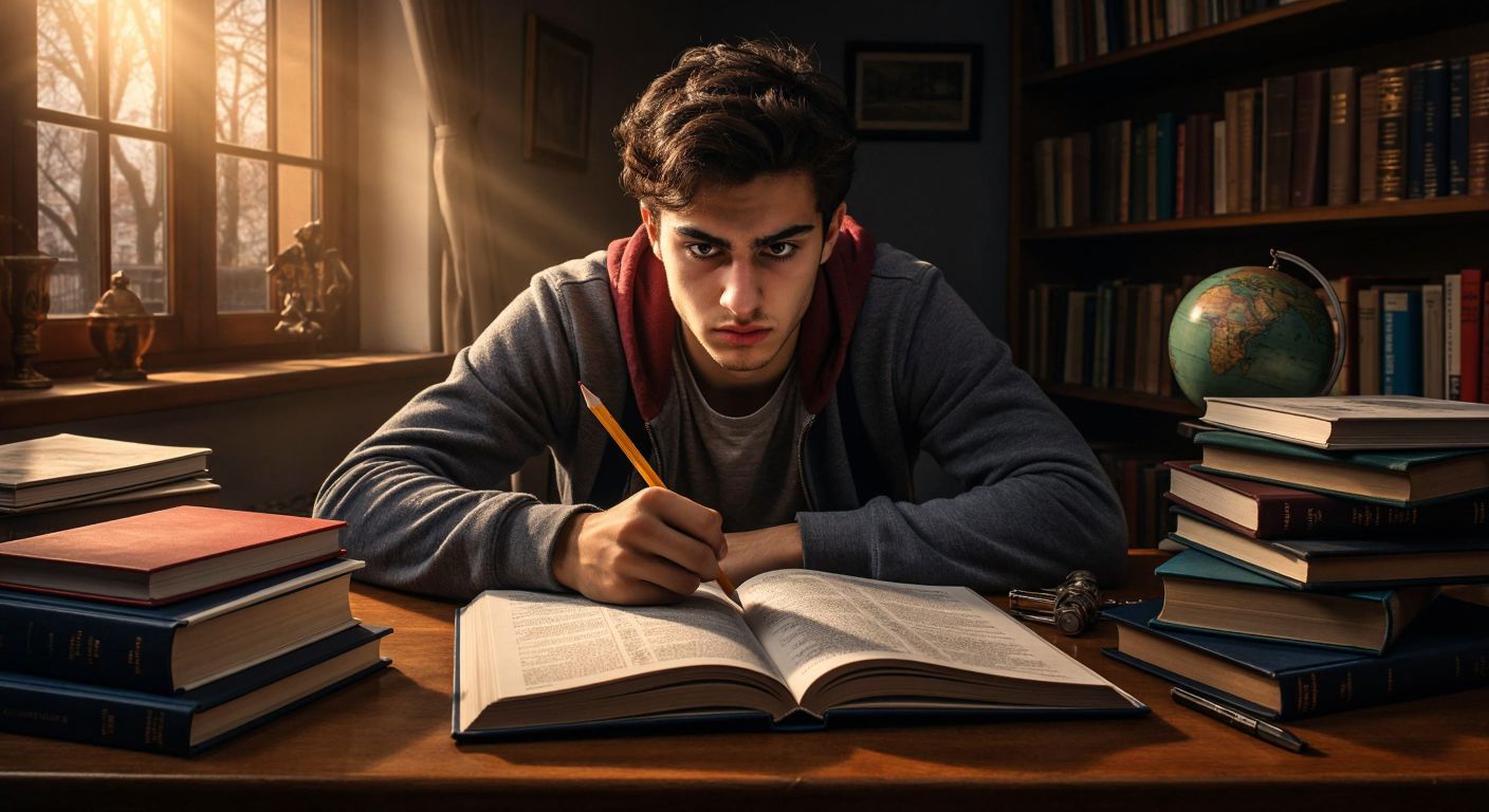 A focused Turkish student with furrowed brows studies at a wooden desk, surrounded by stacked BES Yayınları textbooks, a pencil resting on an open page filled with math problems, while a simpler science book lies nearby.