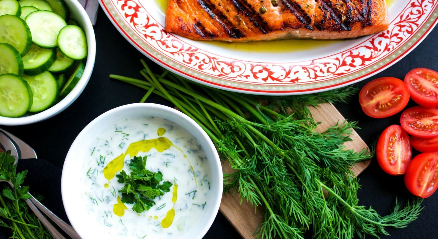 A vibrant Turkish kitchen countertop with fresh dill sprigs scattered next to a plate of grilled salmon, a bowl of yogurt-based soup, and a colorful cucumber salad, evoking a sense of freshness and culinary tradition.