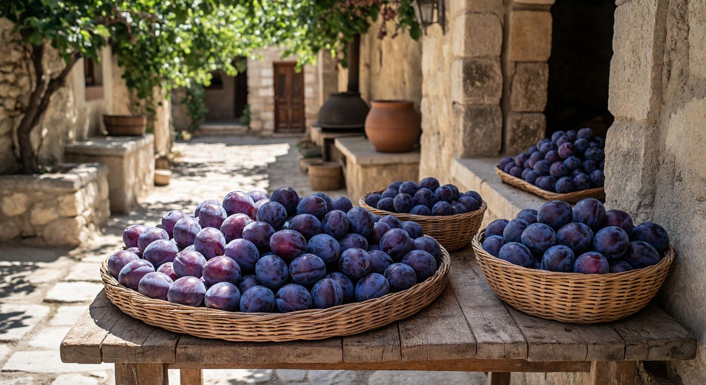 A sunlit Turkish courtyard with plump purple plums spread on a woven tray, drying under the warm rays, while a weathered wooden table nearby holds a basket of fresh plums and a traditional clay oven in the background.