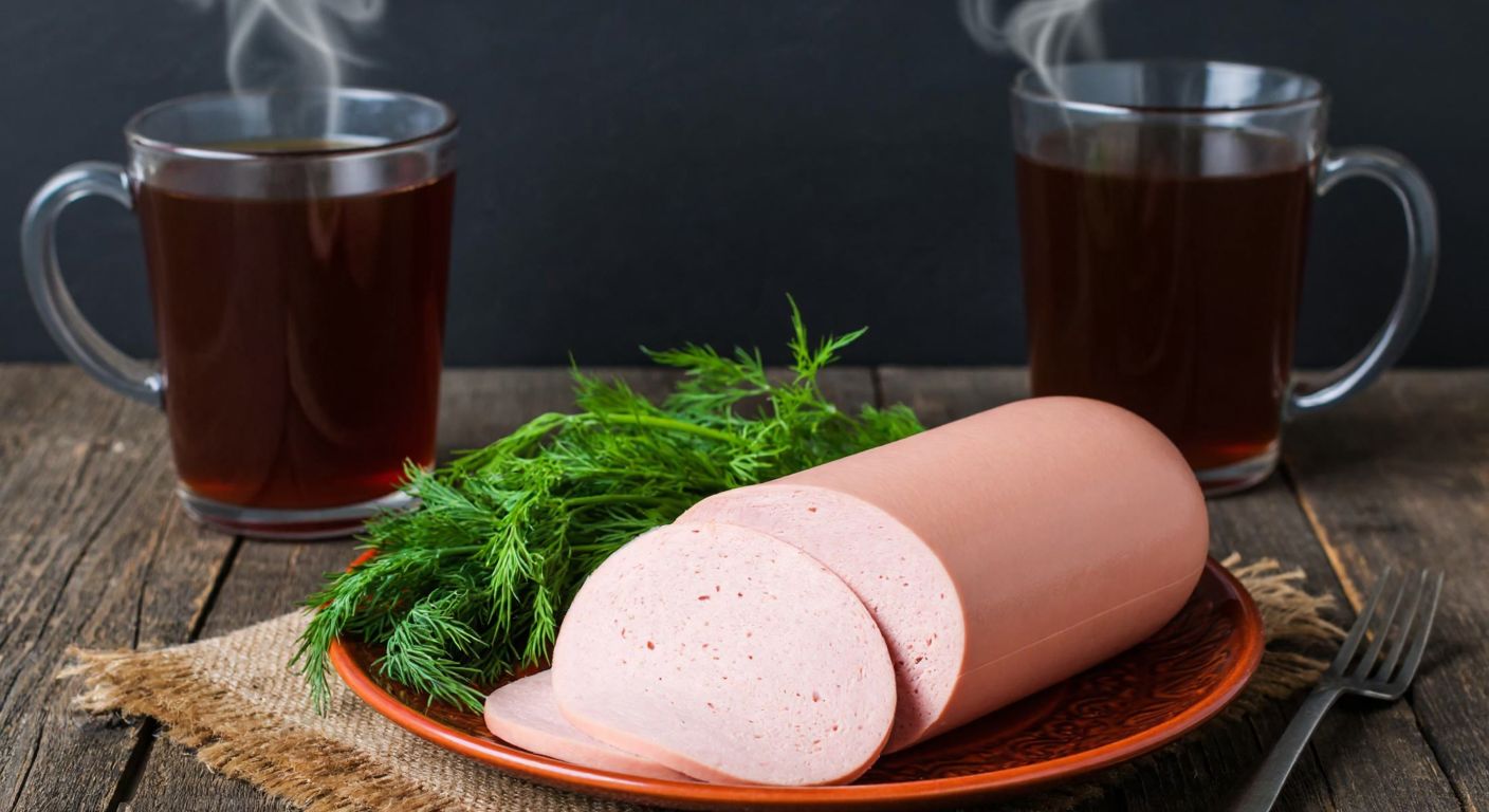 A rustic wooden table in a Russian kitchen holds a plate of sliced pink Doktorskaya sausage, garnished with fresh dill, beside a steaming glass of black tea.