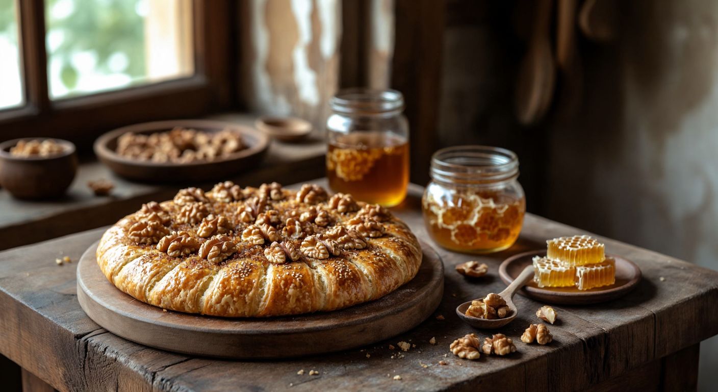 A rustic wooden table in a cozy Turkish kitchen holds a golden-brown corn flour pastry (kümeç) filled with walnuts, freshly baked in embers, alongside a jar of honey with floating comb fragments.