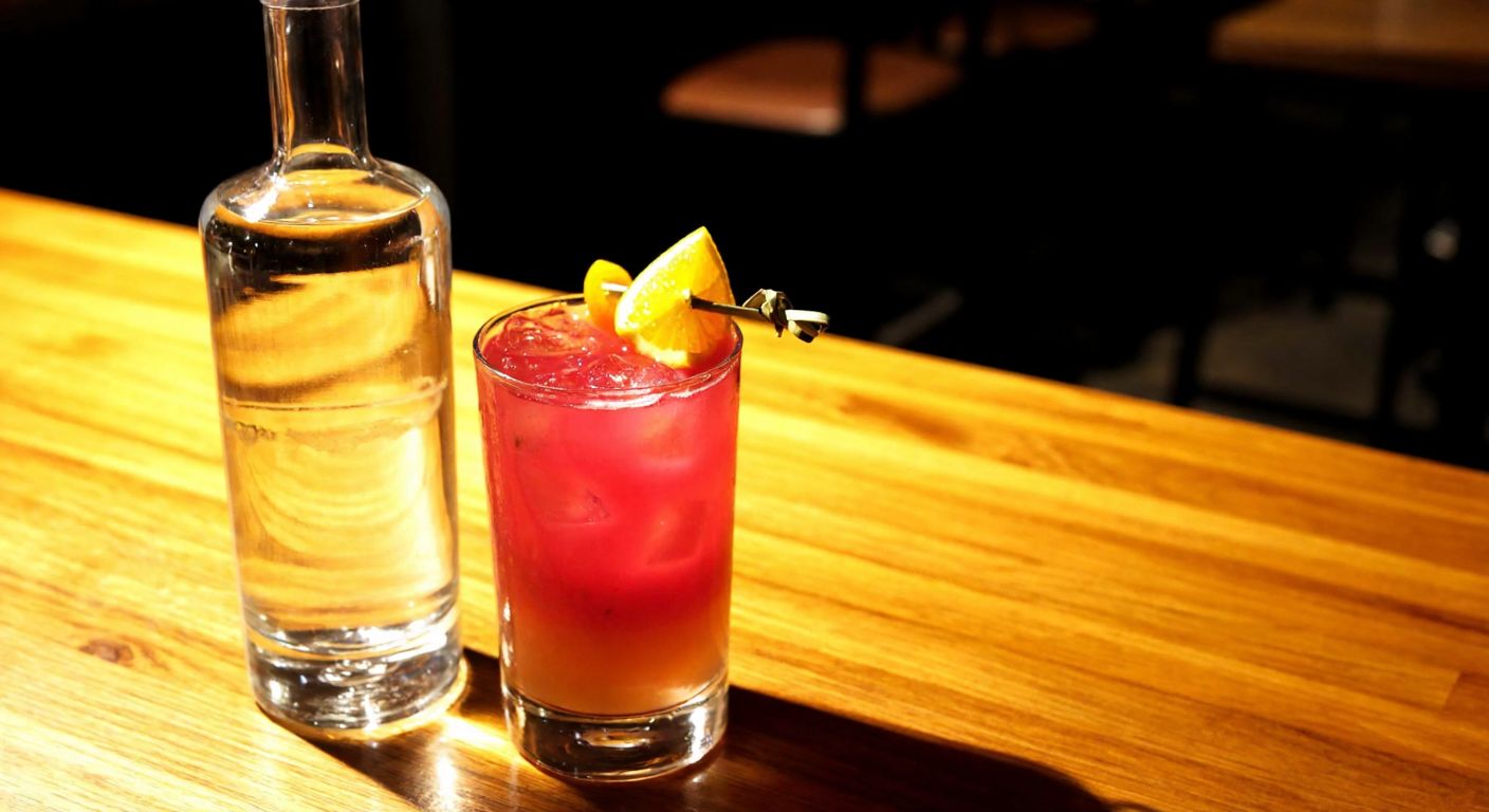 A chilled glass of clear vodka next to a colorful cocktail garnished with citrus, both resting on a wooden bar counter in warm ambient lighting.