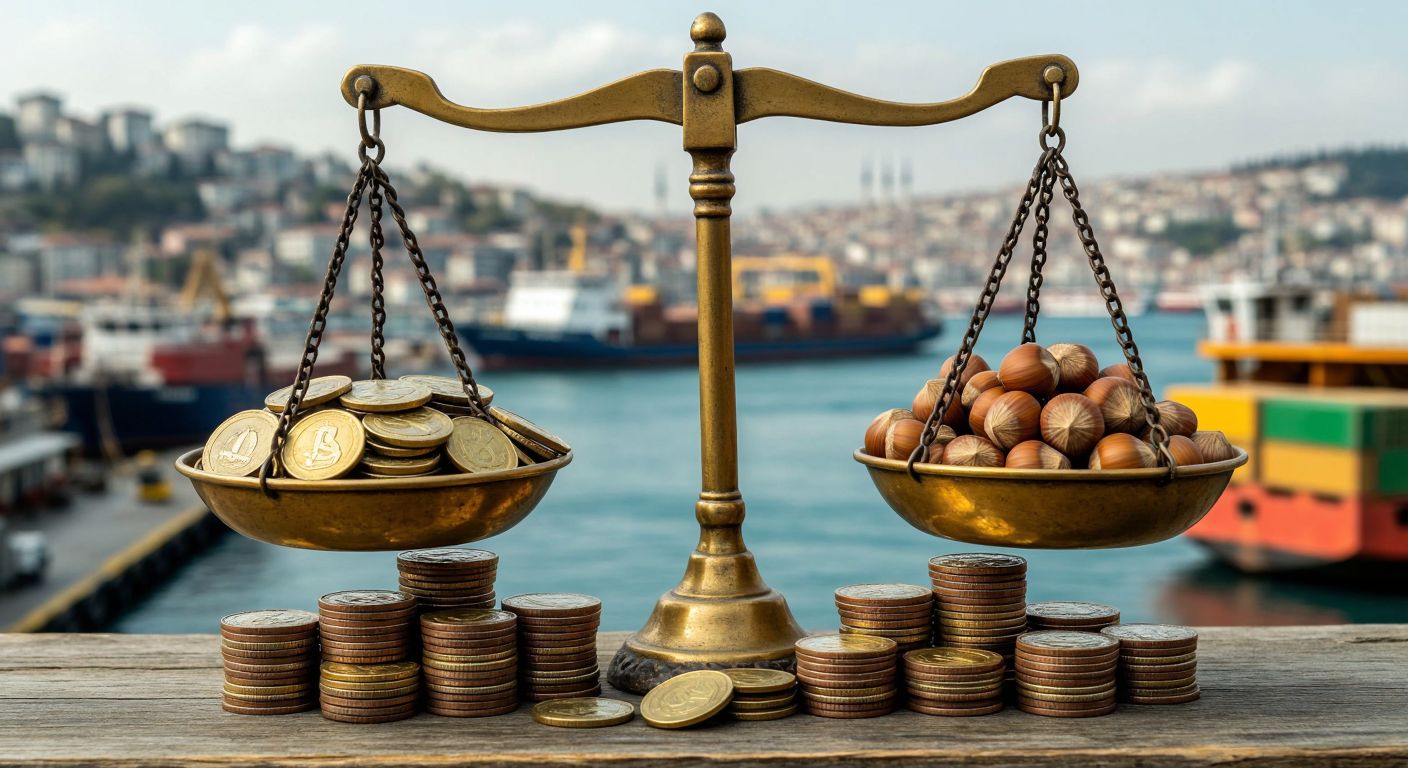 A pair of golden scales balancing stacks of Turkish lira coins on one side and crates of exported goods like textiles and hazelnuts on the other, set against a backdrop of a bustling Istanbul port.