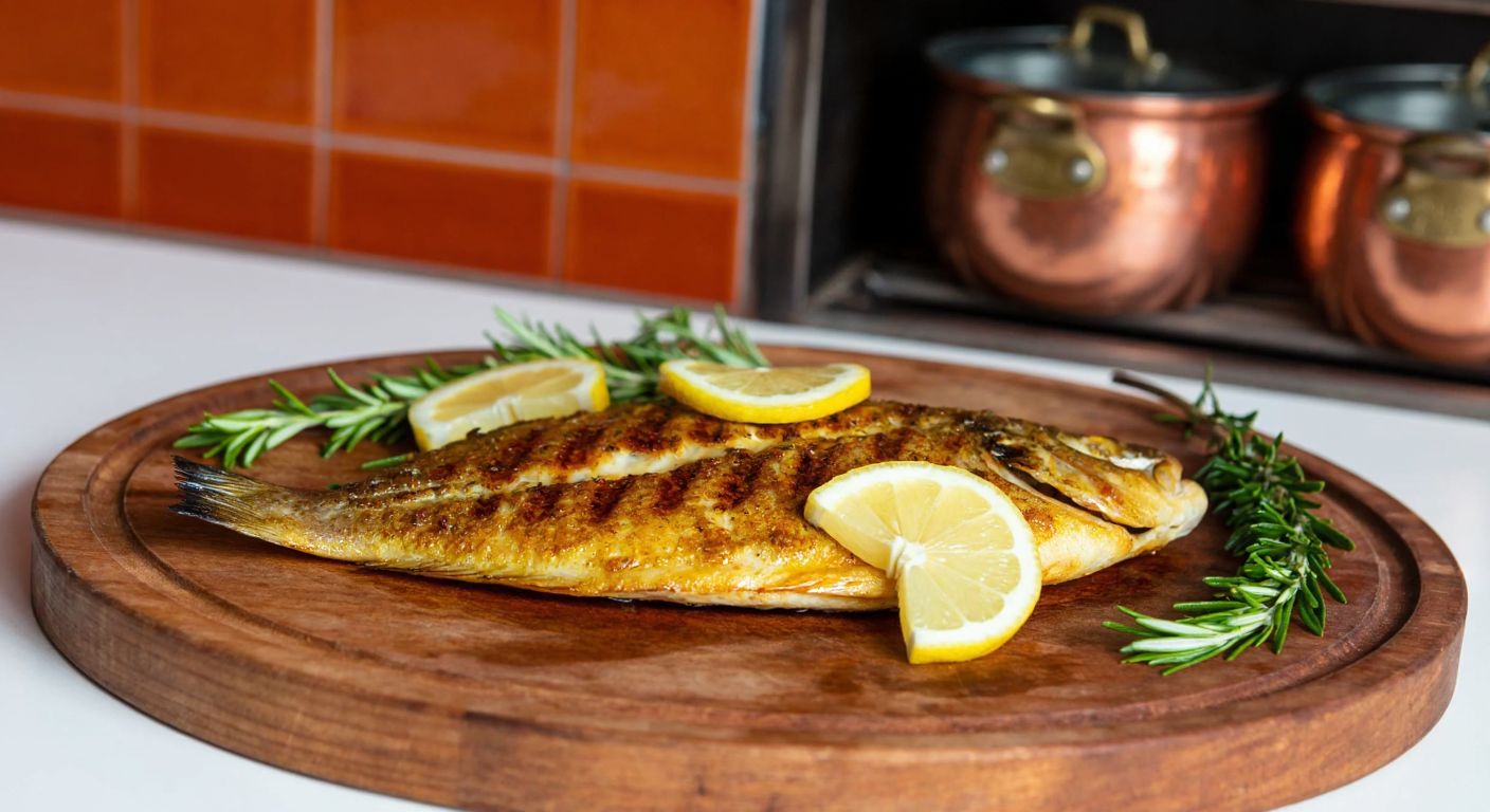 A golden-brown grilled sole fish on a rustic wooden platter, garnished with lemon slices, fresh rosemary sprigs, and drizzled with olive oil, set against a backdrop of a cozy Turkish kitchen with terracotta tiles and copper pots.