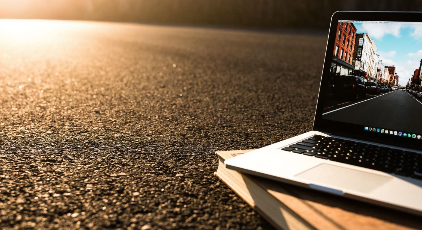 A close-up of a textured asphalt road surface under warm sunlight, with a laptop displaying a colorful 3D rendering of a cityscape on a wooden table nearby.