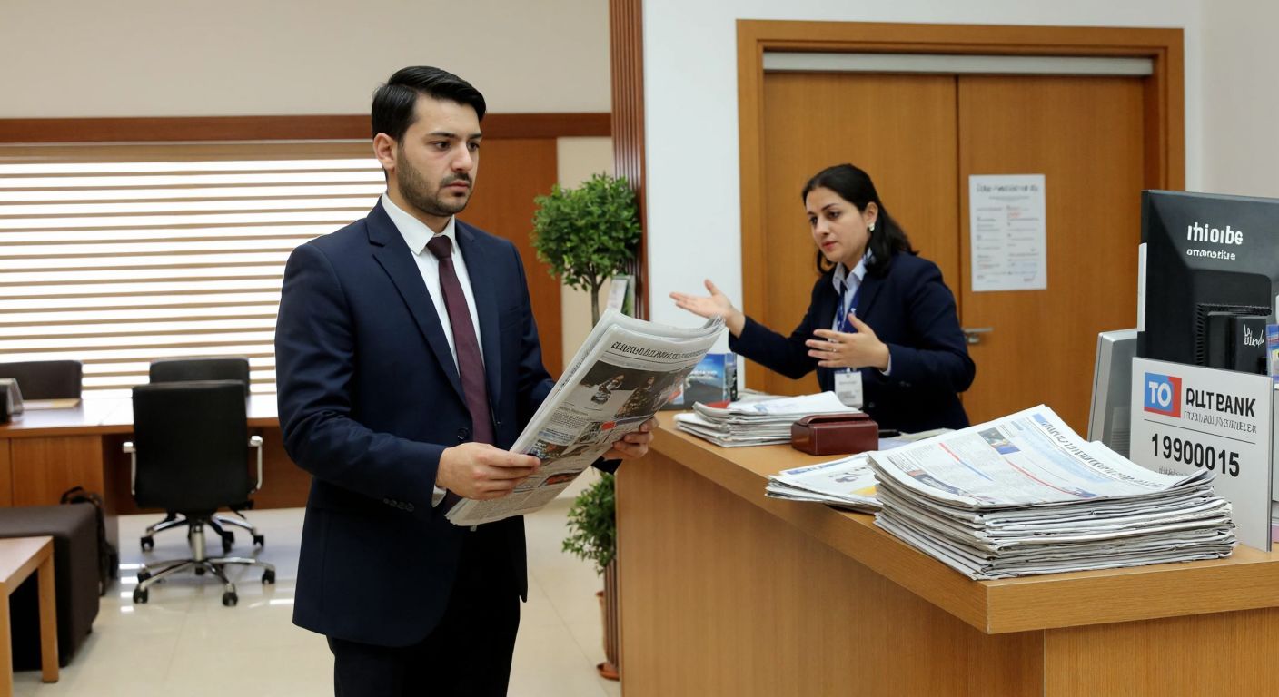 A man in a formal suit stands at an İTO office counter in Istanbul, holding a printed newspaper with a focused expression, while a clerk behind the desk gestures politely toward a price list.