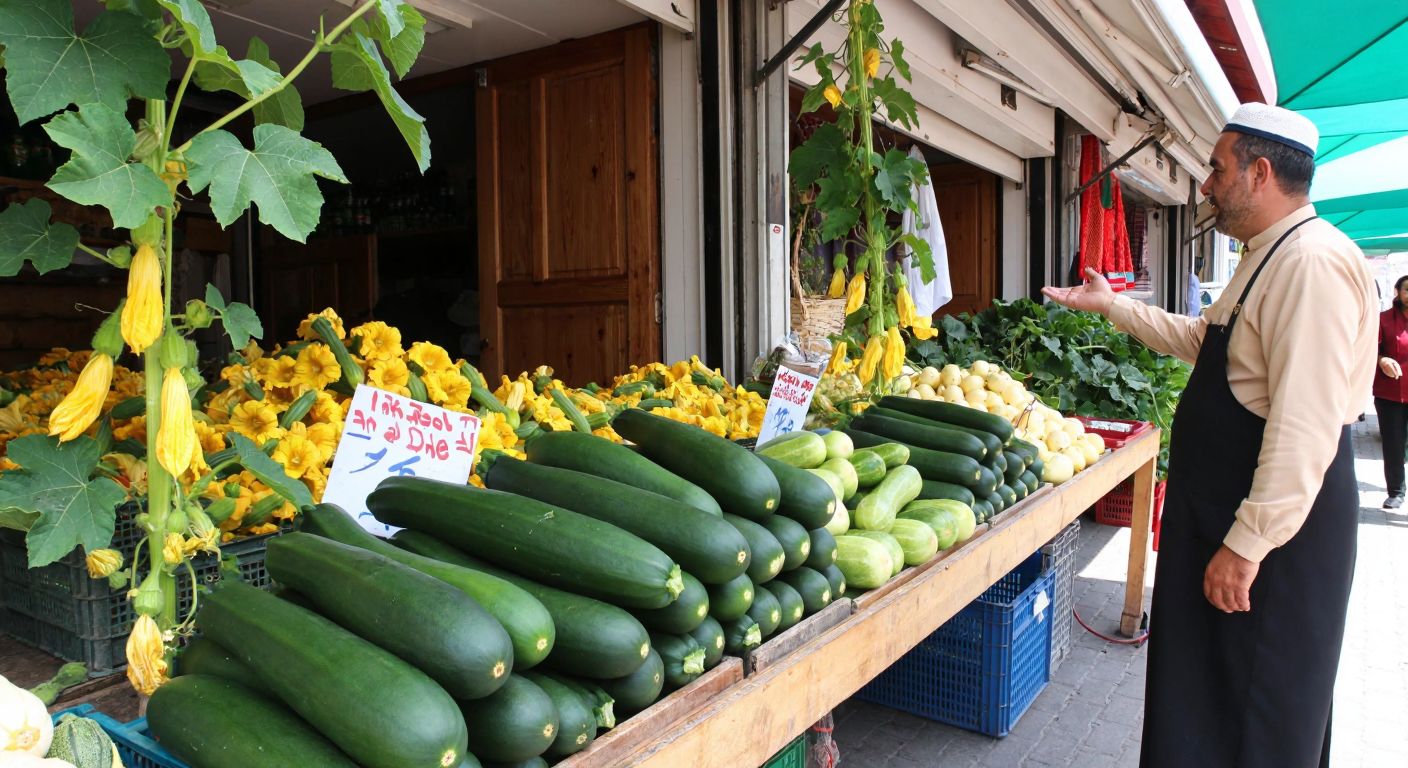 A vibrant Turkish market stall displays fresh zucchini and cucumbers piled high next to flowering squash vines, with a farmer in traditional attire gesturing toward the produce while explaining to a curious customer.