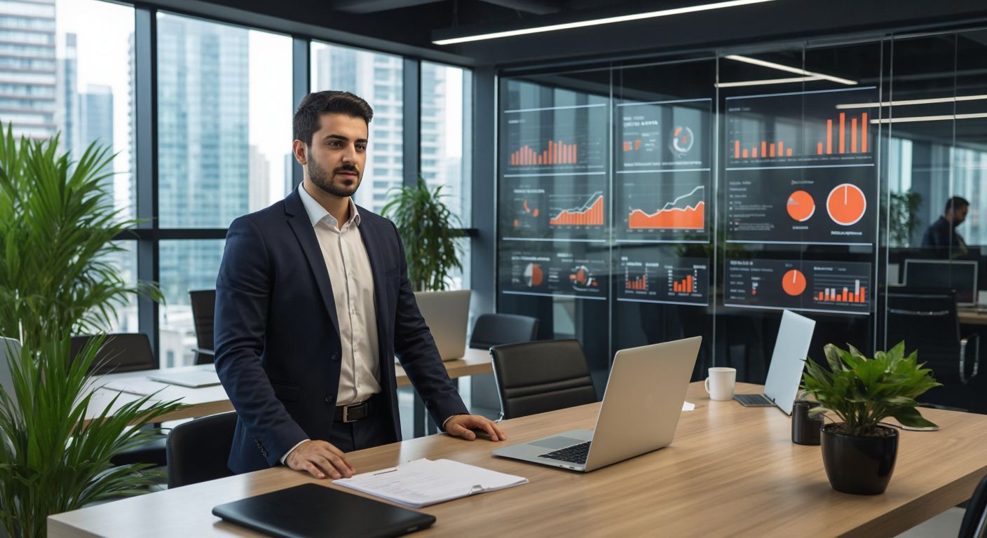 A professional Turkish office worker in a modern business setting confidently assigns digital permissions to colleagues using a sleek interface, symbolizing structured authority delegation.