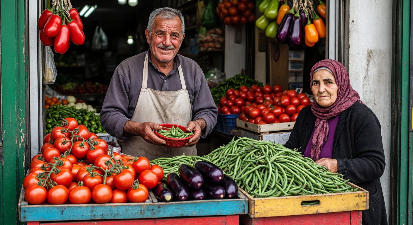 A middle-aged man with a weathered face and a warm smile, wearing a simple apron, stands behind a colorful wooden stall piled high with fresh tomatoes, eggplants, and peppers in a bustling Turkish open-air market, carefully weighing green beans for an elderly woman in a headscarf.