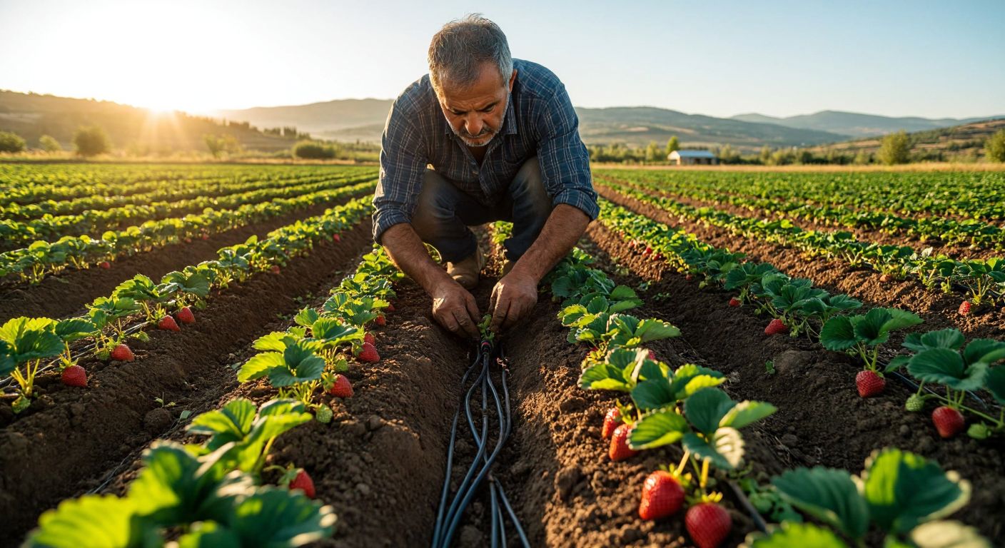 A Turkish farmer in a sunlit strawberry field carefully transplants healthy seedlings into well-drained soil while removing wilted plants, with a drip irrigation system running nearby.