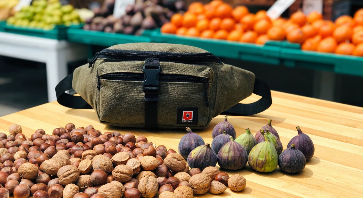 A rugged, olive-green Lumberjack waist bag sits on a wooden table in a Turkish outdoor market, with a mix of fresh figs and walnuts spilling out, reflecting both durability and everyday use.