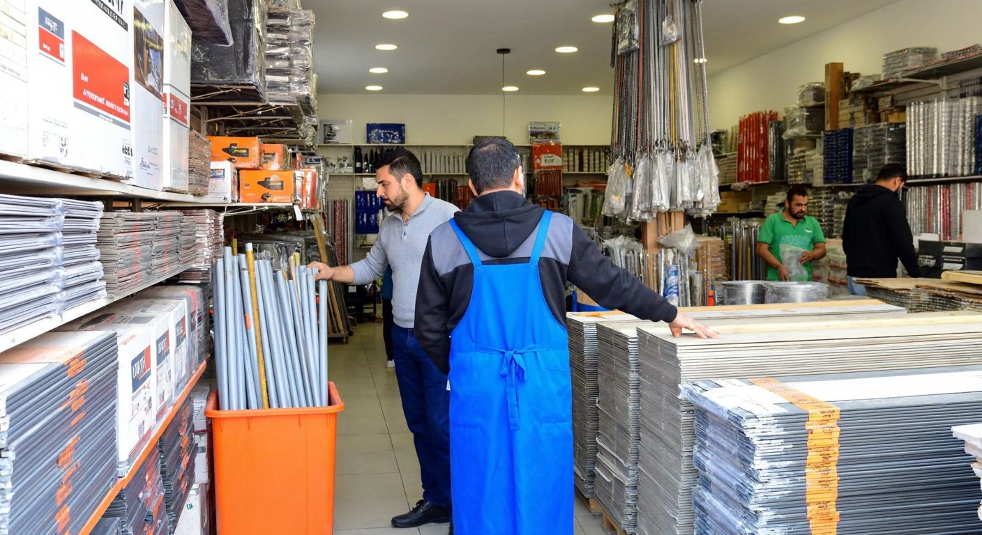 A bustling construction supply store in Avcılar, Istanbul, with stacks of hardware materials, a Turkish shopkeeper in a blue apron assisting a customer, and the vibrant energy of a local business district.