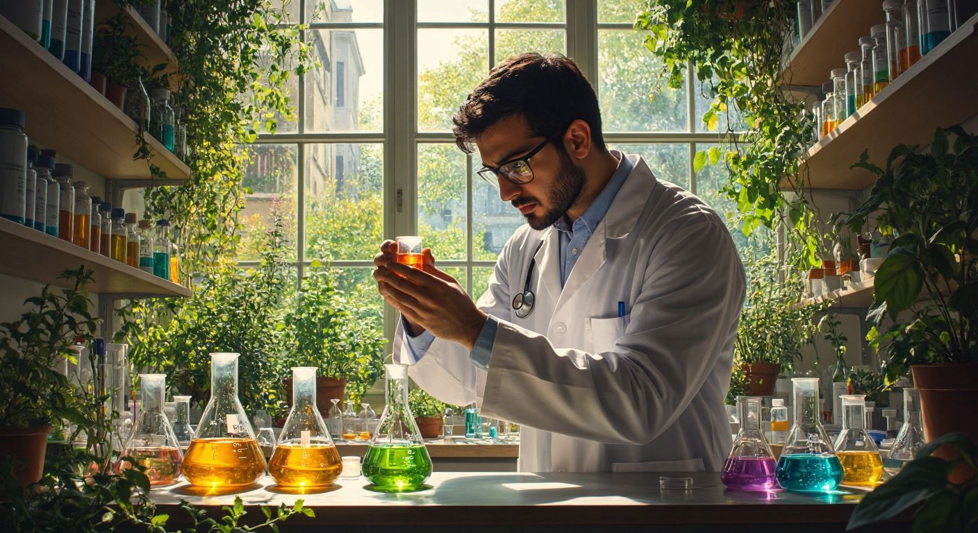 A curious Turkish scientist in a white lab coat intently observes a bubbling test tube in a sunlit laboratory filled with colorful flasks and plants.