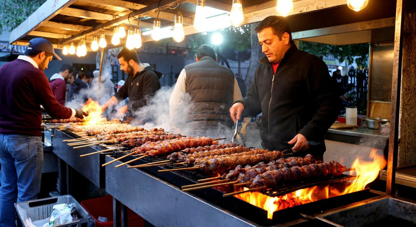 A bustling Turkish street food stall with skewers of sizzling kokoreç varieties—classic, çırçır, and Adana—grilling over glowing embers, surrounded by eager customers inhaling the smoky aroma.