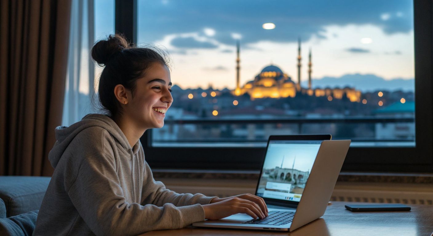 A young Turkish student smiles while studying on a laptop at home, with Ankara’s silhouette visible through the window, symbolizing accessible remote education at Hacı Bayram Veli University.