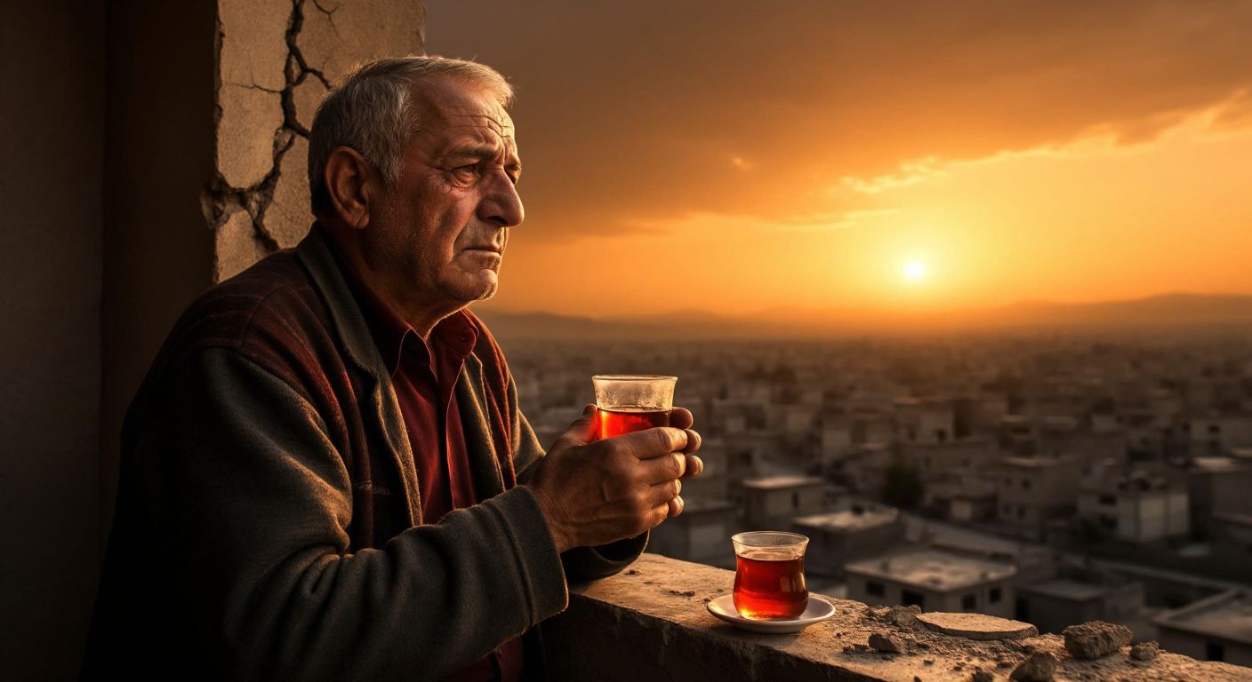A concerned elderly man in Adana stands in front of a cracked wall, clutching a traditional Turkish tea glass, his face reflecting worry as he gazes at a distant horizon under a dusty, late afternoon sky.