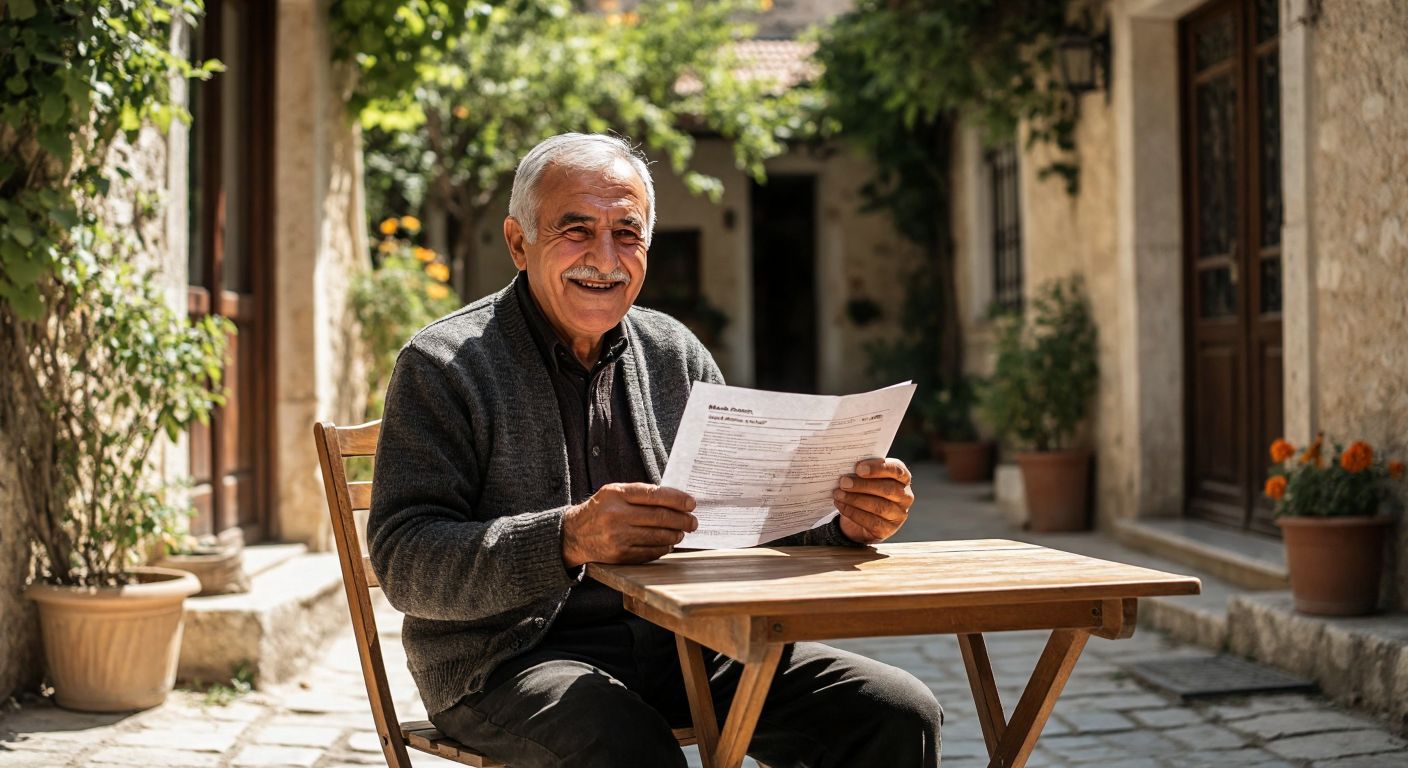 An elderly Turkish man with gray hair and a warm smile sits at a small wooden table in a sunlit courtyard, holding a pension document in one hand while gesturing with the other, as if explaining the difference between two age-based benefits to a younger listener.