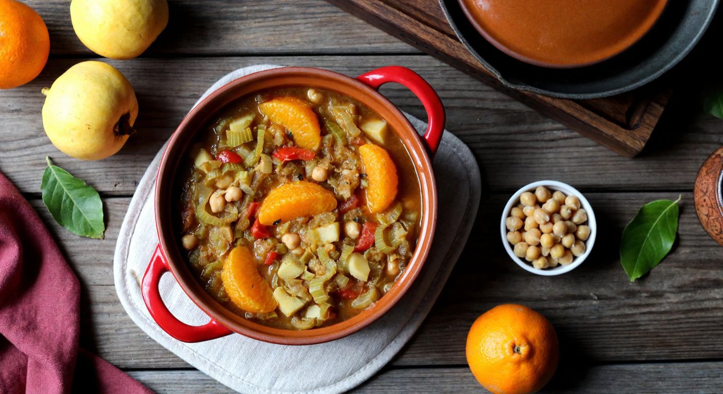 A rustic wooden table in a Turkish kitchen holds a steaming ceramic dish of orange-and-quince-infused celery stew, surrounded by fresh quinces, oranges, and a bowl of chickpeas, evoking warmth and autumnal comfort.