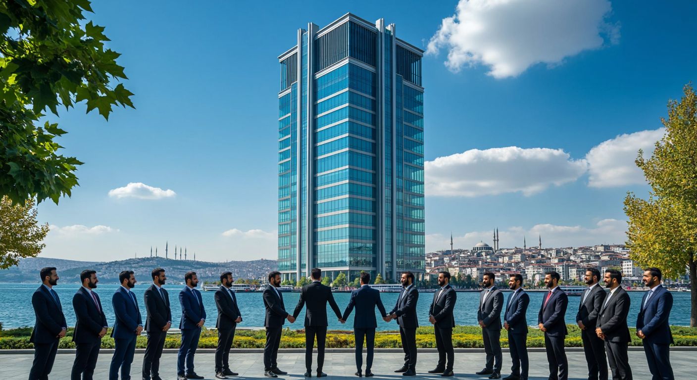 A grand, modern glass-and-steel skyscraper in Istanbul, surrounded by a group of well-dressed Turkish businesspeople shaking hands, with the Bosphorus visible in the background under a bright blue sky.
