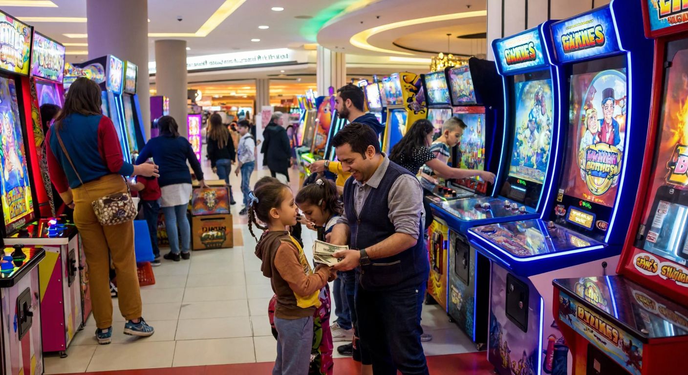 A bustling arcade in a Turkish shopping mall, filled with colorful game machines, excited children playing, and a smiling owner counting money near a cash register.