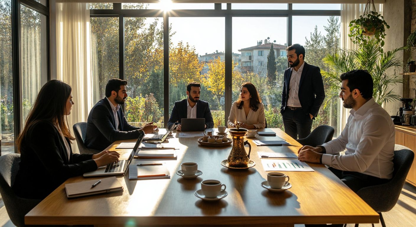 A modern Turkish family business meeting in a sunlit office, with a diverse group of professionals discussing digital tools, remote work setups, and strategic documents, while a traditional Turkish coffee set sits on the table, symbolizing adaptation and heritage.