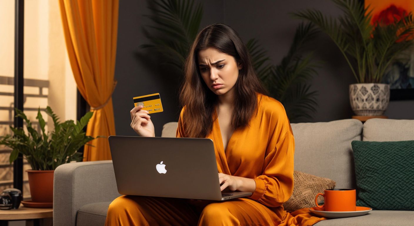A frustrated young woman in a modern Turkish home holds a laptop displaying a Mango shopping page while frowning at a credit card in her other hand.