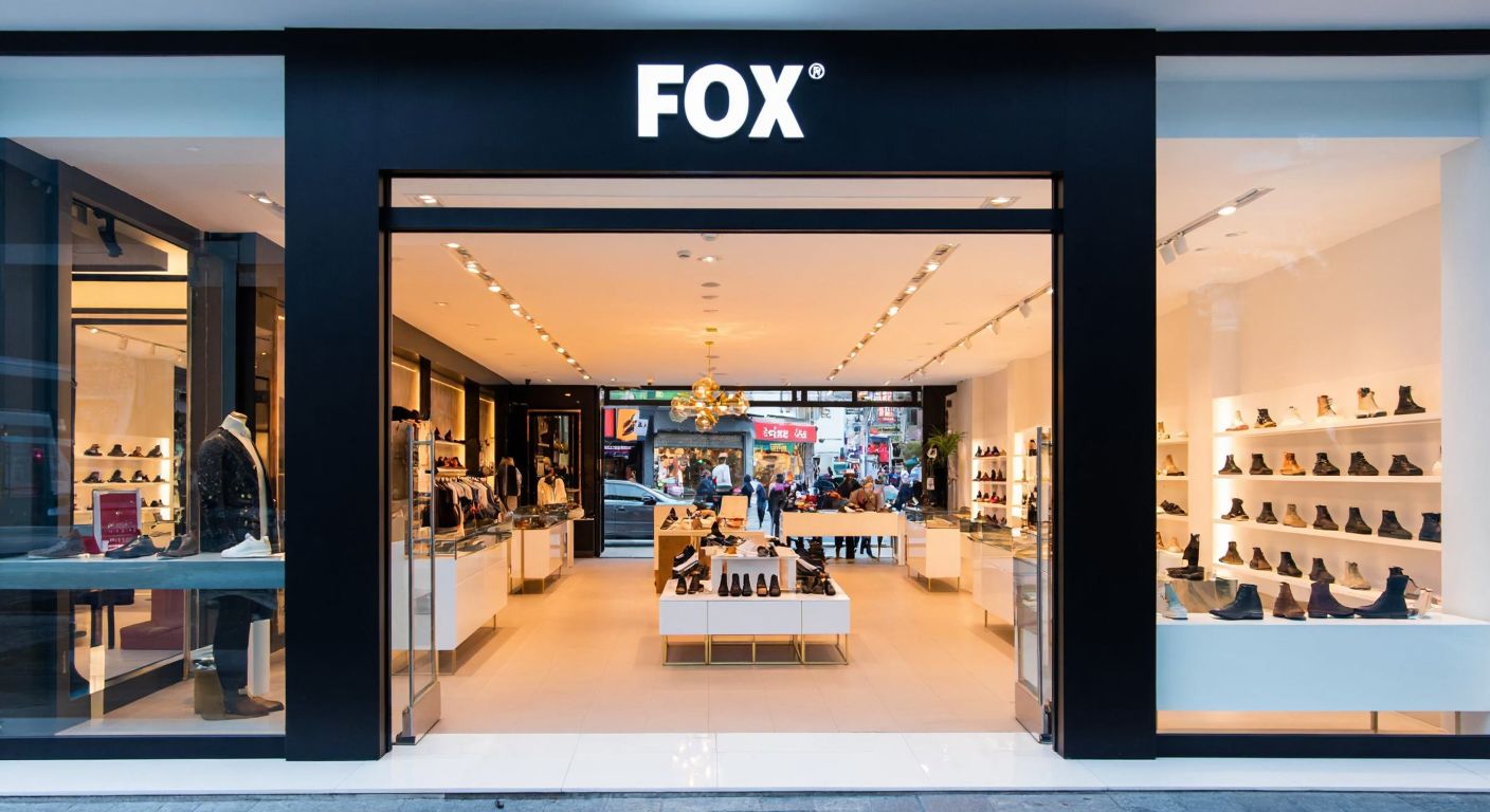 A sleek, modern shoe store in Istanbul with a glass-front display showcasing stylish Fox brand shoes, framed by the warm glow of interior lighting and a bustling Maltepe street scene outside.