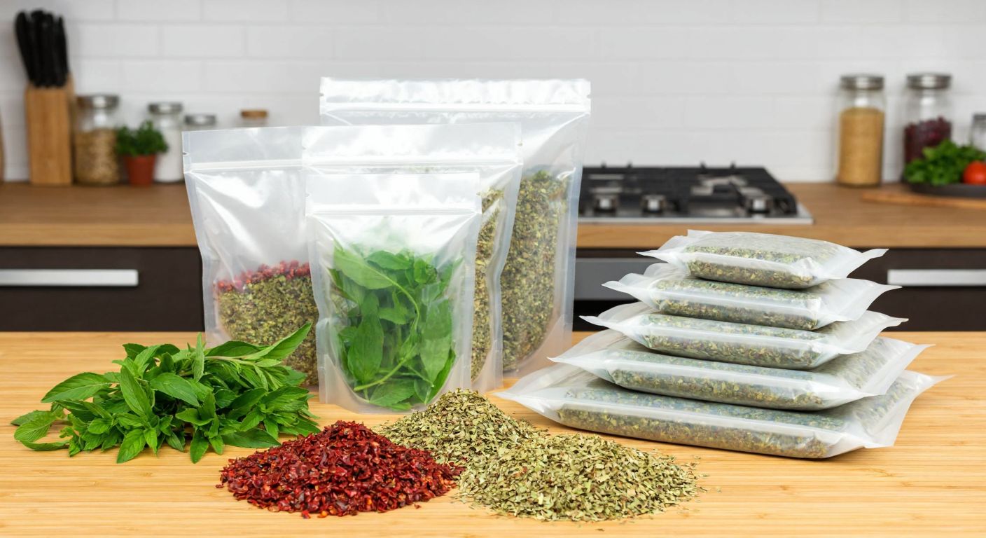 A neatly arranged stack of transparent vacuum-sealed bags in various sizes on a wooden kitchen counter, with fresh Turkish spices and herbs like pul biber and nane spilling out beside them, evoking a practical yet homely food preservation scene.