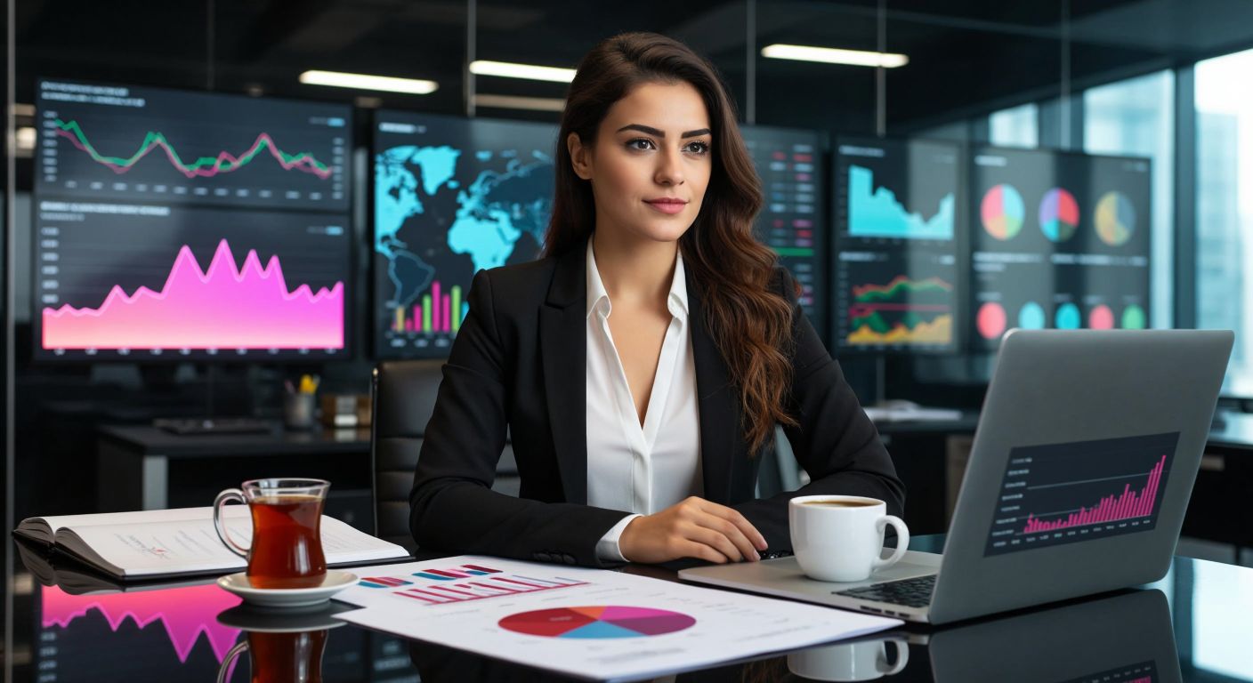 A confident Turkish businesswoman in a sleek office analyzes market trends on a glass board, surrounded by vibrant charts, a steaming cup of Turkish coffee, and a laptop displaying colorful brand visuals.