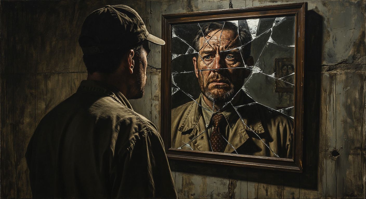 A shadowy factory worker gazes into a cracked mirror reflecting a distorted image of a wealthy capitalist, symbolizing false consciousness under Marxist ideology.