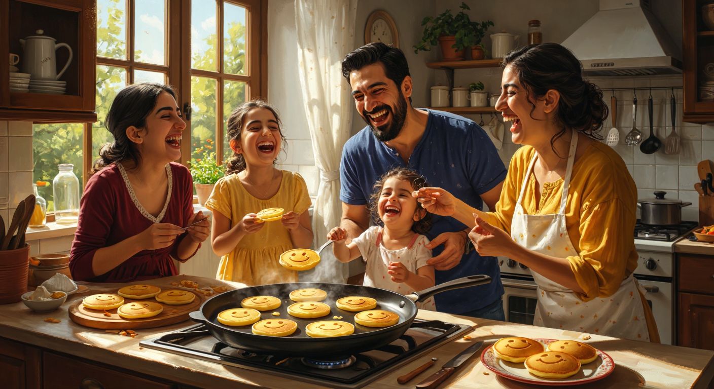 A cheerful Turkish family in a sunlit kitchen, laughing as golden pancakes shaped like smiling faces sizzle in a cast-iron pan with raised emoji molds.
