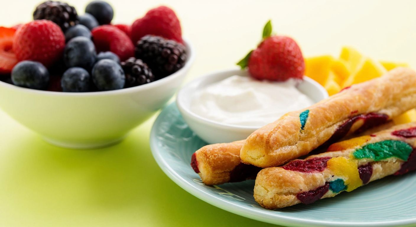 A colorful but unhealthy-looking stick-shaped pastry sits on a plate next to a bowl of fresh fruit and yogurt, symbolizing the contrast between indulgence and healthier alternatives.