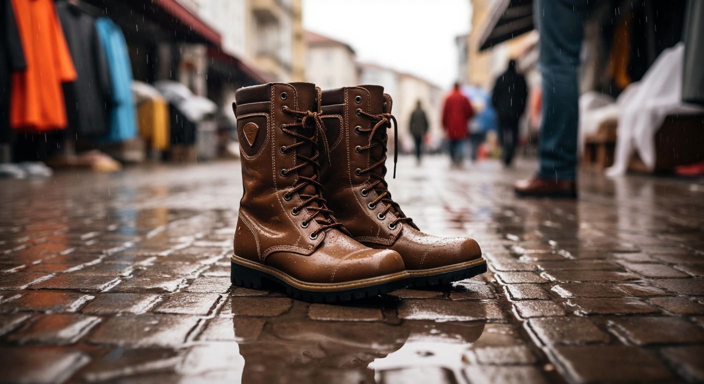 A pair of sturdy brown waterproof boots with reinforced toe and heel caps stands dry on wet cobblestones under a light rain in a Turkish marketplace.